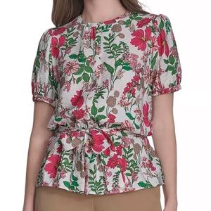 Tommy Hilfiger Floral Puff Sleeve Blouse - Pink and Green